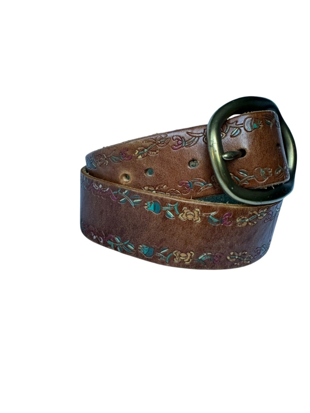 Vintage LUCKY BRAND Brown Leather Floral Pattern Belt Unisex 32